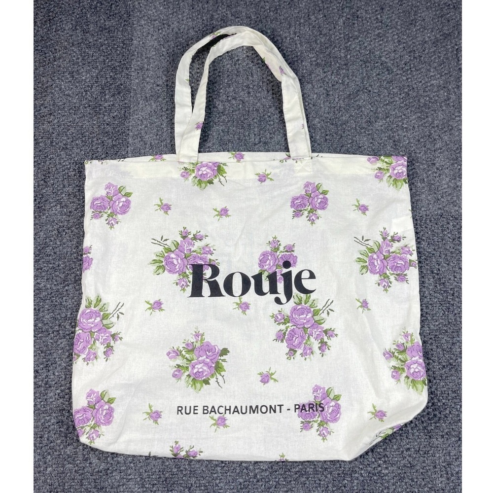 Rouje Paris Ivory Purple Floral Print Les Filles En Rouje Logo Cotton Tote Bag